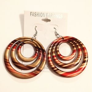 Fashion Jewelry Acrylic Red, Tan, Brown Stripe Hoop Dangle Drop Earrings